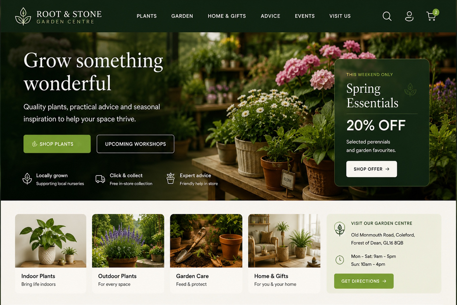 Root and Stone garden centre website concept showing plants, seasonal offers and visitor information